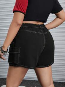 ROMWE Grunge Punk 大碼高腰側翻蓋口袋牛仔短褲 - 黑色 - 查看 2