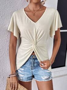 SHEIN Essnce 前扭結蝴蝶袖不對稱下擺T恤 - 米色 - 查看 4
