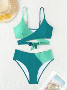 SHEIN Swim 撞色圍裹比基尼泳裝 - 彩色 - 查看 4