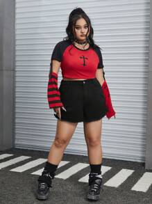 ROMWE Grunge Punk 大碼高腰側翻蓋口袋牛仔短褲 - 黑色 - 查看 3