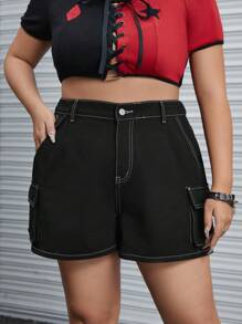 ROMWE Grunge Punk 大碼高腰側翻蓋口袋牛仔短褲 - 黑色 - 查看 4