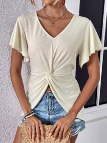 SHEIN Essnce 前扭結蝴蝶袖不對稱下擺T恤 - 米色 - 查看 5