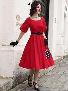 MUXXN 方領泡泡袖洋裝不附腰帶