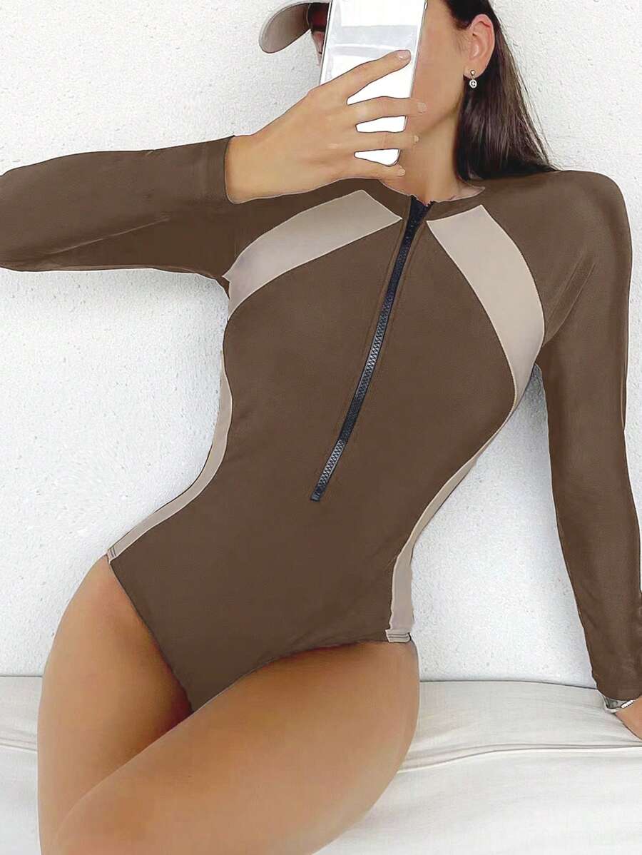 彩色拉链前片连体防晒衣，适合夏季海滩度假 - 棕色 - 查看 1