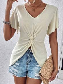 SHEIN Essnce 前扭結蝴蝶袖不對稱下擺T恤 - 米色 - 查看 6