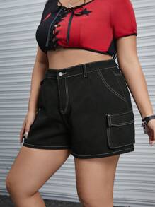 ROMWE Grunge Punk 大碼高腰側翻蓋口袋牛仔短褲 - 黑色 - 查看 5