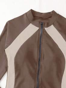 彩色拉链前片连体防晒衣，适合夏季海滩度假 - 棕色 - 查看 4