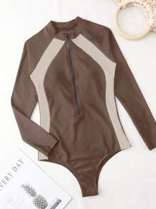 彩色拉链前片连体防晒衣，适合夏季海滩度假 - 棕色 - 查看 5