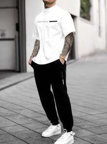 Manfinity Homme Men Letter Graphic Tee & Sweatpants - Black and White - View 3