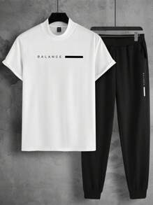 Manfinity Homme Men Letter Graphic Tee & Sweatpants - Black and White - View 1
