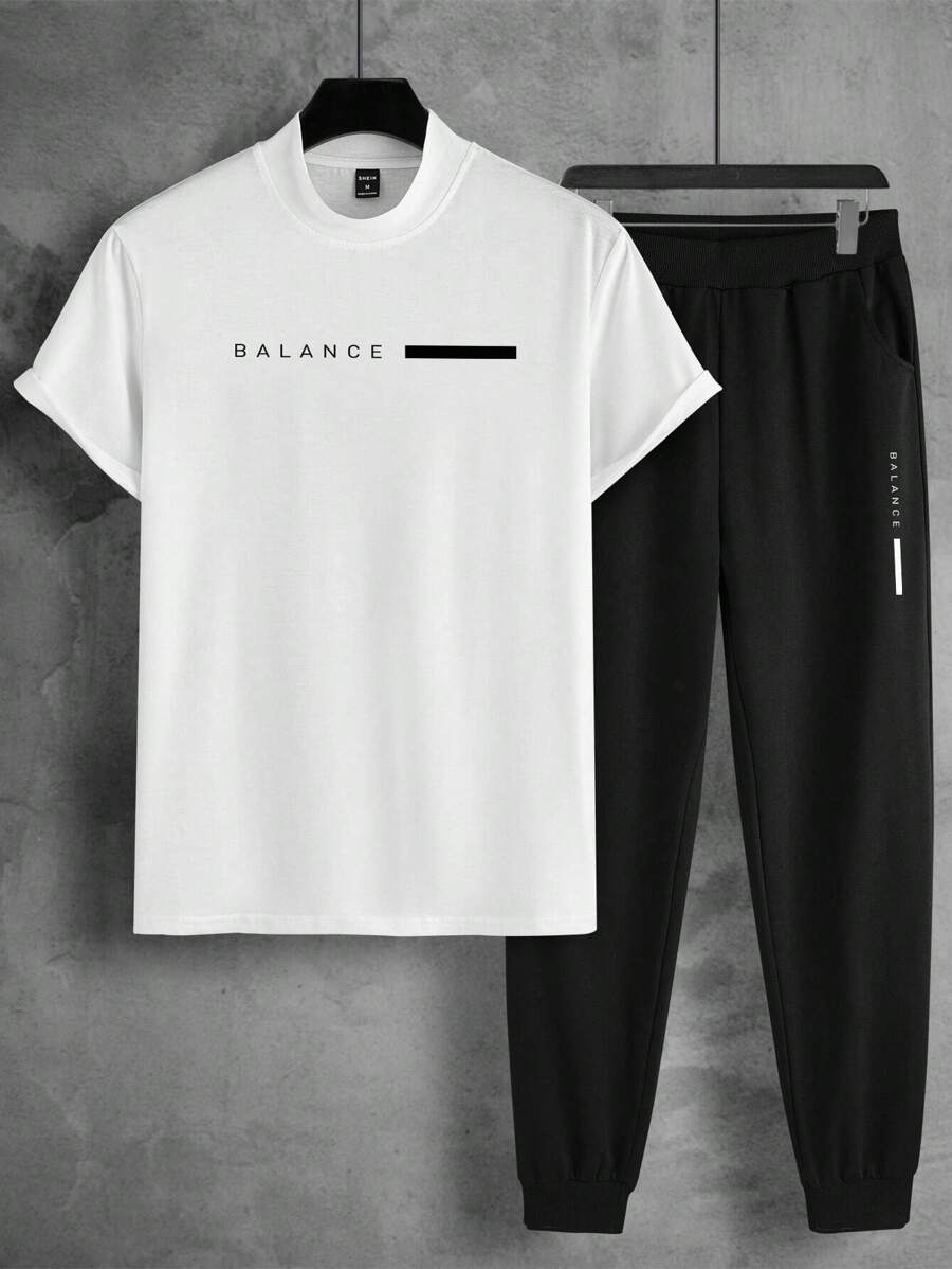 Manfinity Homme Men Letter Graphic Tee & Sweatpants - Black and White - View 1