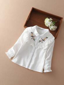 青少女春秋花卉刺繡折領長袖襯衫，校園風格上衣