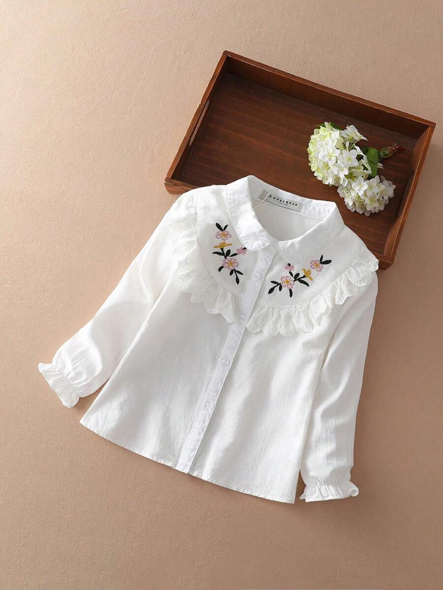 青少女春秋花卉刺繡折領長袖襯衫，校園風格上衣