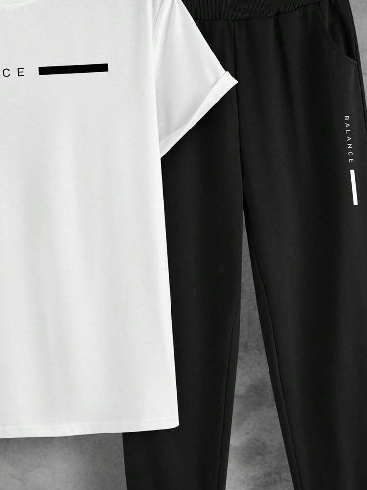 Manfinity Homme Men Letter Graphic Tee & Sweatpants - Black and White - View 5