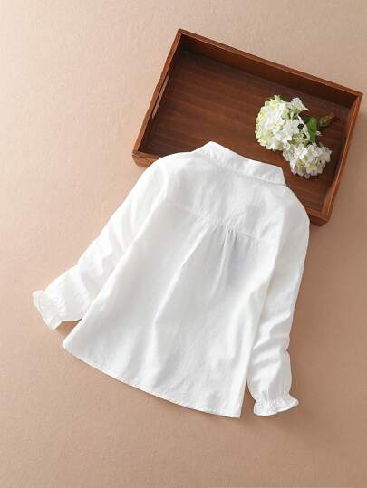 Tween Girl Spring/Autumn Floral Embroidery Turn-Down Collar Long Sleeve Shirt, College Style Blouse