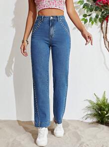 SHEIN Unity 鉚釘串珠直筒牛仔褲 - 深色水洗藍 - 查看 6