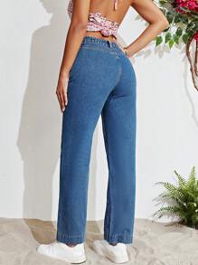 SHEIN Unity 鉚釘串珠直筒牛仔褲 - 深色水洗藍 - 查看 2