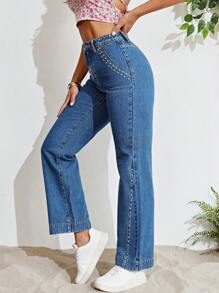 SHEIN Unity 鉚釘串珠直筒牛仔褲 - 深色水洗藍 - 查看 4