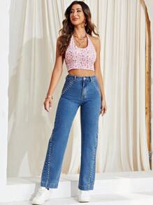 SHEIN Unity 鉚釘串珠直筒牛仔褲 - 深色水洗藍 - 查看 1