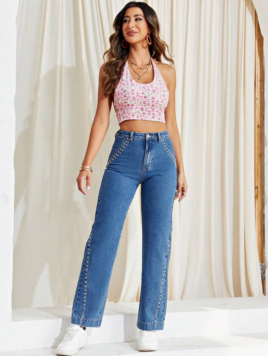 SHEIN Unity 鉚釘串珠直筒牛仔褲 - 深色水洗藍 - 查看 1