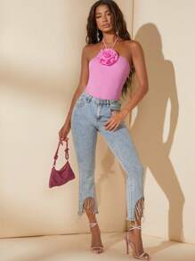 SHEIN BAE 立體花卉繞頸露背連身背心 - 粉色 - 查看 3