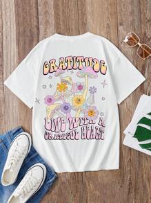 青少年女孩圓領短袖白色t卹,背部印花面板,休閒服裝 - 白色 - 查看 1