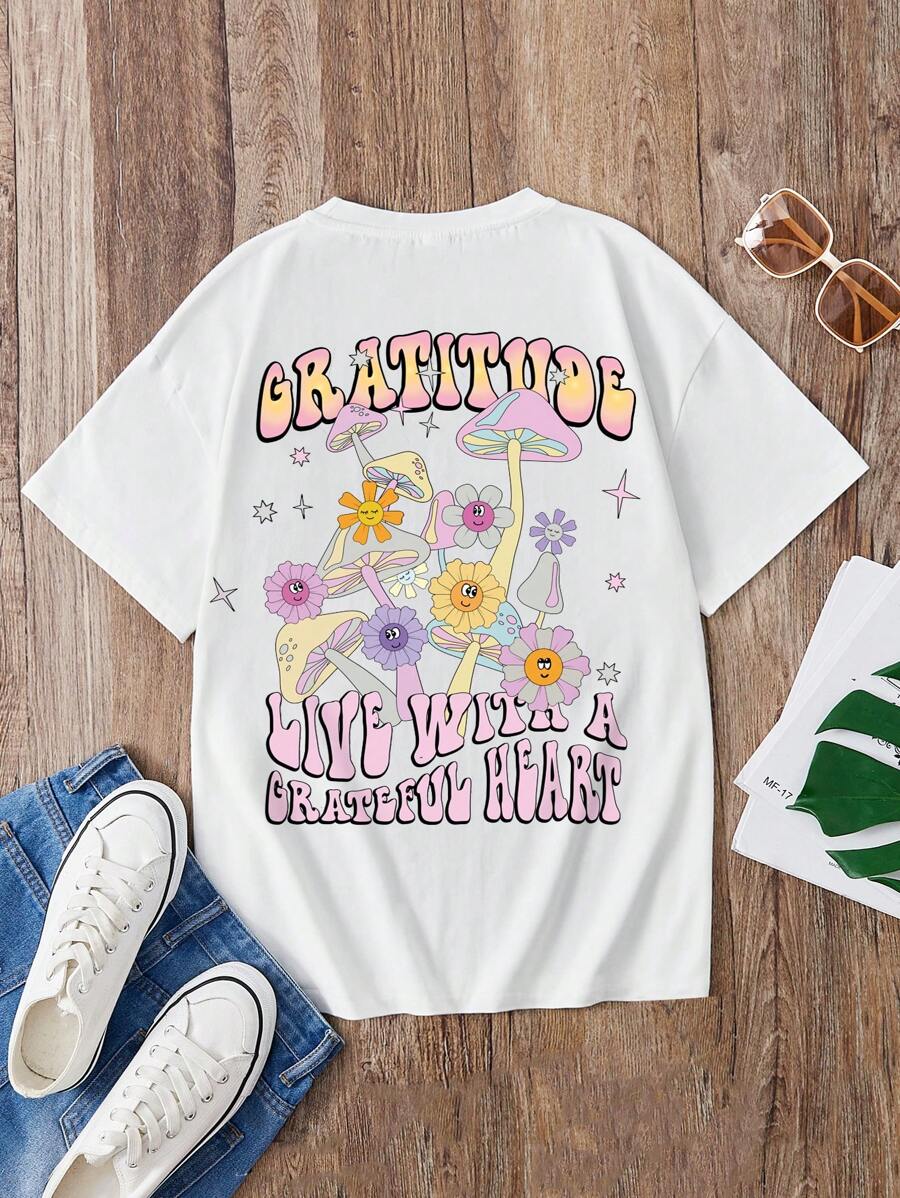 青少年女孩圓領短袖白色t卹,背部印花面板,休閒服裝 - 白色 - 查看 1