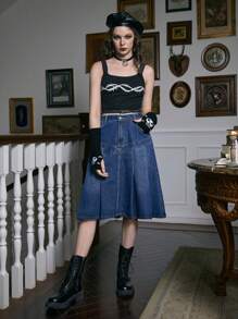 ROMWE Academia Studded Decor Pleated Denim Skirt - Dark Wash - View 3