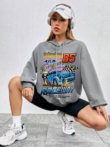 SHEIN Coolane 汽車和字母圖案落肩袖抽繩連帽衫 - 灰色 - 查看 1