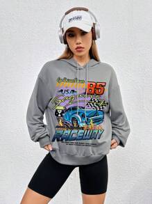 SHEIN Coolane 汽車和字母圖案落肩袖抽繩連帽衫 - 灰色 - 查看 3