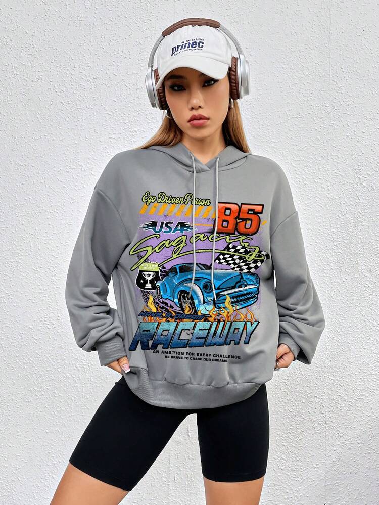 SHEIN Coolane 汽車和字母圖案落肩袖抽繩連帽衫 - 灰色 - 查看 3