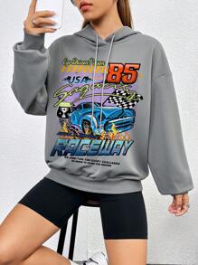 SHEIN Coolane 汽車和字母圖案落肩袖抽繩連帽衫 - 灰色 - 查看 4