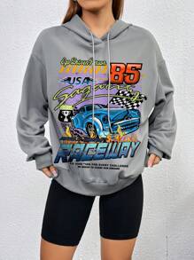 SHEIN Coolane 汽車和字母圖案落肩袖抽繩連帽衫 - 灰色 - 查看 5