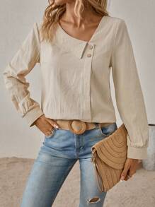 SHEIN LUNE Chất rắn Chi tiết Nút Cổ không đối xứng Áo sơ mi - Màu be - Xem 1