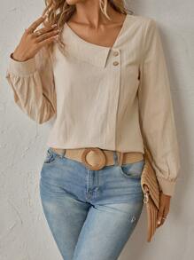 SHEIN LUNE Chất rắn Chi tiết Nút Cổ không đối xứng Áo sơ mi - Màu be - Xem 3