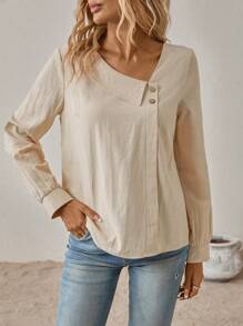 SHEIN LUNE Chất rắn Chi tiết Nút Cổ không đối xứng Áo sơ mi - Màu be - Xem 4