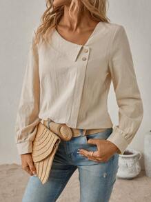 SHEIN LUNE Chất rắn Chi tiết Nút Cổ không đối xứng Áo sơ mi - Màu be - Xem 5