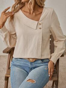 SHEIN LUNE Chất rắn Chi tiết Nút Cổ không đối xứng Áo sơ mi - Màu be - Xem 6