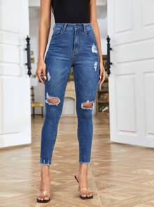 Raw Hem Ripped Skinny Jeans - Medium Wash - View 4