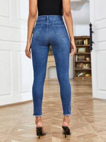 Raw Hem Ripped Skinny Jeans - Medium Wash - View 2