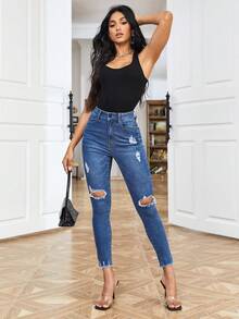 Raw Hem Ripped Skinny Jeans - Medium Wash - View 5