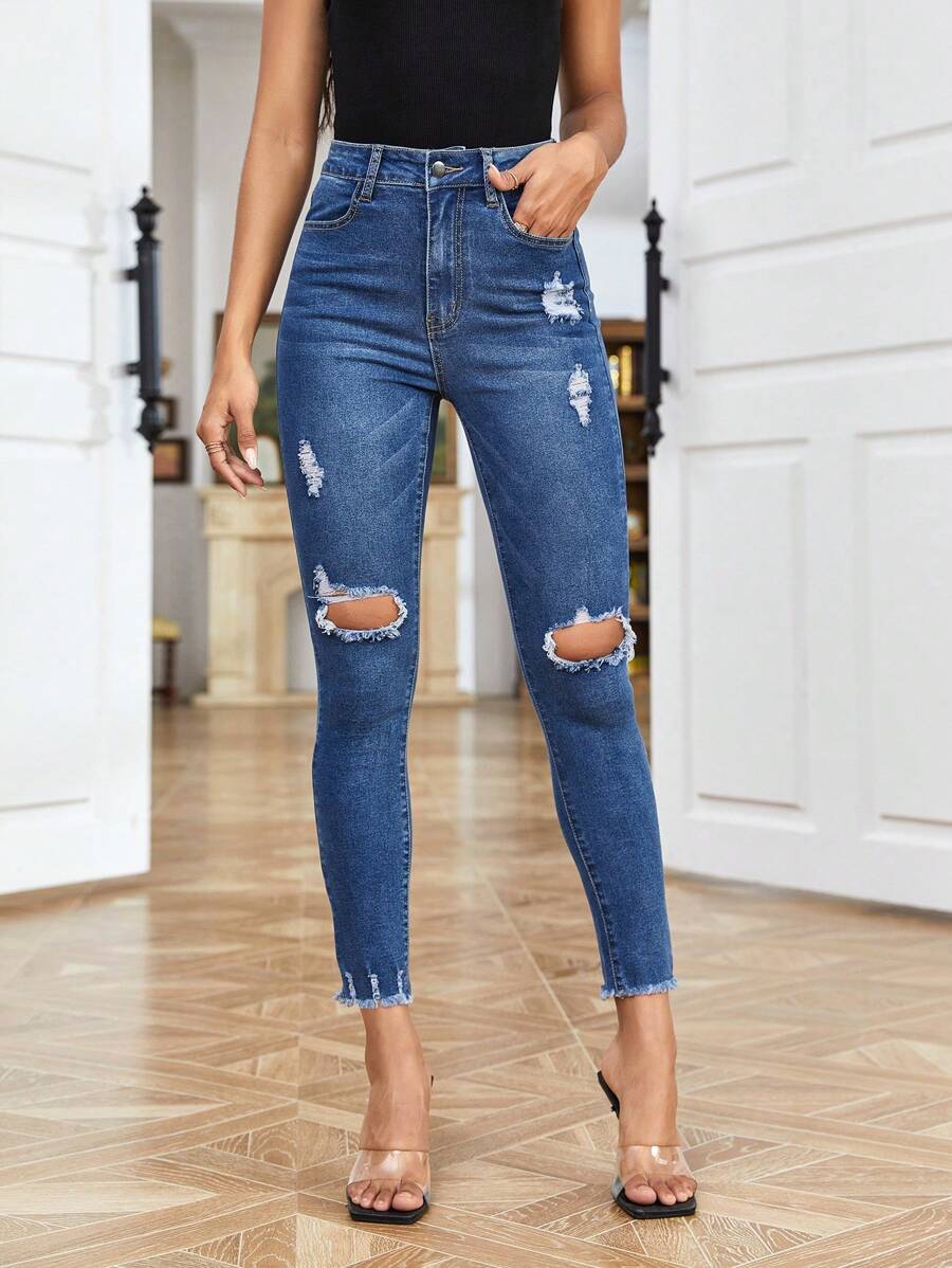 Raw Hem Ripped Skinny Jeans - Medium Wash - View 1