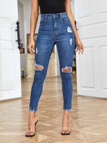 Raw Hem Ripped Skinny Jeans - Medium Wash - View 3