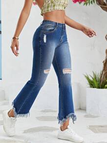 SHEIN Unity 破洞毛邊牛仔喇叭褲 - 深色水洗藍 - 查看 1