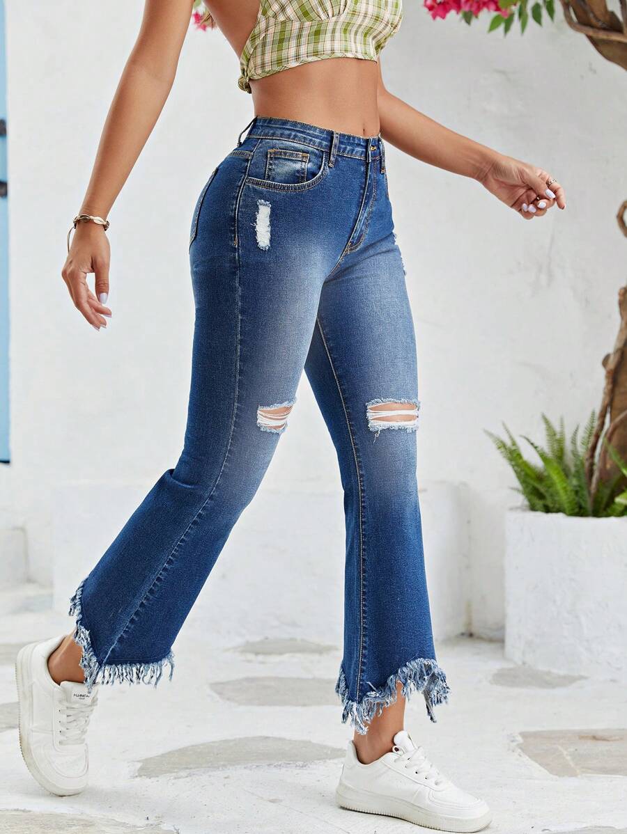 SHEIN Unity 破洞毛邊牛仔喇叭褲 - 深色水洗藍 - 查看 1