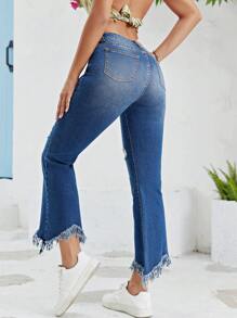 SHEIN Unity 破洞毛邊牛仔喇叭褲 - 深色水洗藍 - 查看 2