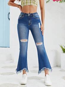 SHEIN Unity 破洞毛邊牛仔喇叭褲 - 深色水洗藍 - 查看 4