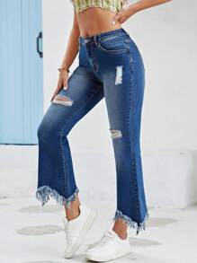 SHEIN Unity 破洞毛邊牛仔喇叭褲 - 深色水洗藍 - 查看 3