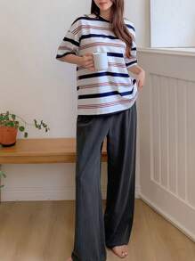 DAZY Sọc Áo thun Thả vai & Quần Bộ giản dị - Màu be - Xem 3