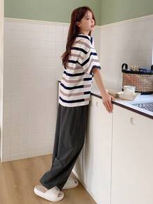 DAZY Sọc Áo thun Thả vai & Quần Bộ giản dị - Màu be - Xem 2